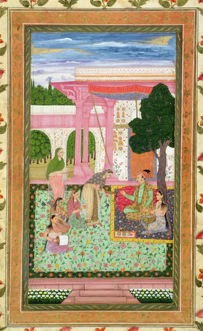 Kaiser Jahangir (1569-1627) mit seiner Gemahlin und Gefolge in einem Garten, aus dem Small Clive Album von Mughal School